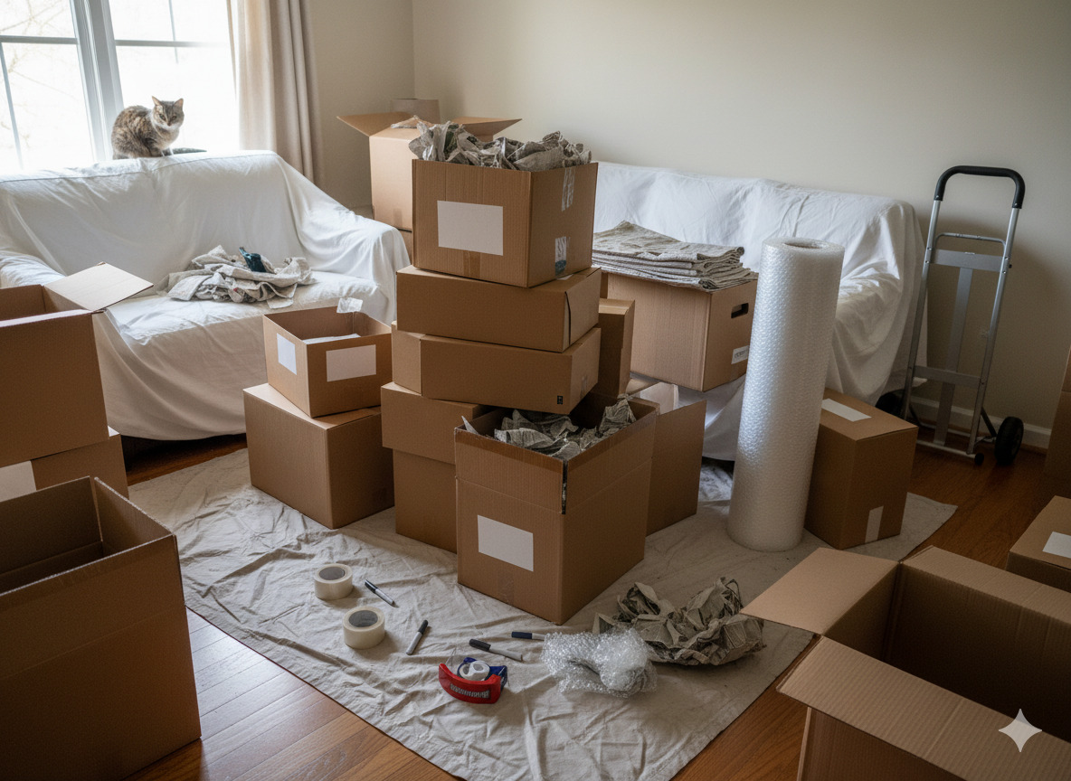 Packing supplies and boxes in a home